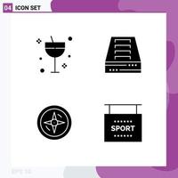 4 Thematic Vector Solid Glyphs and Editable Symbols of alcohol compass summer drawer info Editable Vector Design Elements