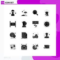 Pack of 16 Modern Solid Glyphs Signs and Symbols for Web Print Media such as honeymoon film magnifier winner sport Editable Vector Design Elements