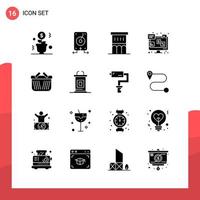 paquete de 16 iconos de glifos universales para medios impresos sobre fondo blanco vector