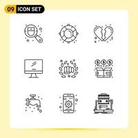 Pack of 9 creative Outlines of fight pc broken imac monitor Editable Vector Design Elements