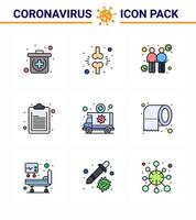 9 línea llena de color plano coronavirus covid19 paquete de iconos como ambulancia médica lista de coronavirus lista de verificación coronavirus viral 2019nov enfermedad vector elementos de diseño