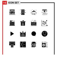 Mobile Interface Solid Glyph Set of 16 Pictograms of fire alert learning alarm jewelry Editable Vector Design Elements