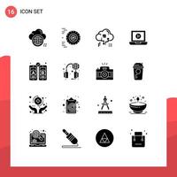 Set of 16 Vector Solid Glyphs on Grid for web design video cloud computer share Editable Vector Design Elements