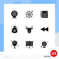 Set of 9 Vector Solid Glyphs on Grid for money currency account bag financial Editable Vector Design Elements