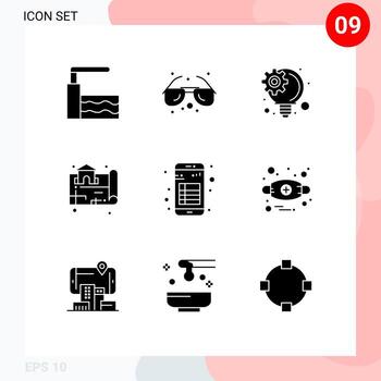 Set of 9 Vector Solid Glyphs on Grid for note book innovative idea app map Editable Vector Design Elements