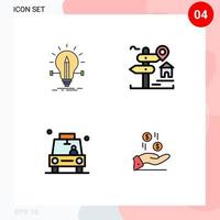 Mobile Interface Filledline Flat Color Set of 4 Pictograms of bulb home light sign gps Editable Vector Design Elements