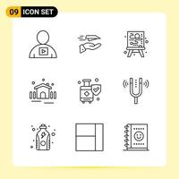 9 iconos creativos para el diseño moderno de sitios web y aplicaciones móviles receptivas 9 símbolos de contorno signos sobre fondo blanco paquete de 9 iconos vector