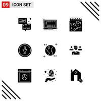 Pack of 9 creative Solid Glyphs of pointer down laptop direction romance Editable Vector Design Elements