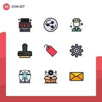 9 Thematic Vector Filledline Flat Colors and Editable Symbols of gear label profession tag stamp Editable Vector Design Elements