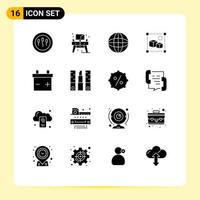 User Interface Pack of 16 Basic Solid Glyphs of battery processing automation file globe Editable Vector Design Elements