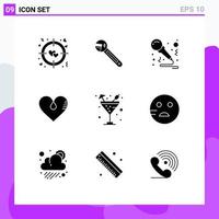 Universal Icon Symbols Group of 9 Modern Solid Glyphs of drink favorite birthday like heart Editable Vector Design Elements