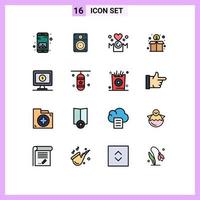 interfaz móvil línea llena de color plano conjunto de 16 pictogramas de monitor financiación mamá donación madre elementos de diseño de vectores creativos editables