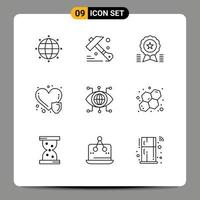 9 Thematic Vector Outlines and Editable Symbols of technology data badge insurance heart care Editable Vector Design Elements