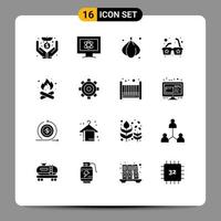 16 Universal Solid Glyphs Set for Web and Mobile Applications hot camping food camp sun Editable Vector Design Elements