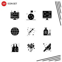 colección de 9 iconos vectoriales en estilo sólido símbolos de glifo perfecto de píxeles para web y signos de iconos sólidos móviles sobre fondo blanco 9 iconos vector