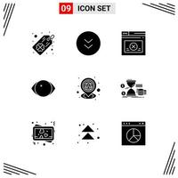 Mobile Interface Solid Glyph Set of 9 Pictograms of location gps secure vision face Editable Vector Design Elements