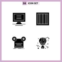 4 Universal Solid Glyph Signs Symbols of monitor tape criminal record air balloon Editable Vector Design Elements