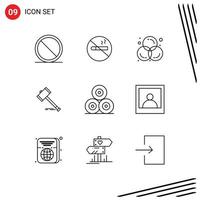 User Interface Pack of 9 Basic Outlines of hammer court art auction graphic Editable Vector Design Elements