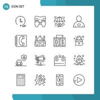 Vector Pack of 16 Outline Symbols Line Style Icon Set on White Background for Web and Mobile