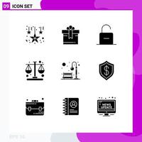 Set of 9 Vector Solid Glyphs on Grid for park bench safety balance management Editable Vector Design Elements