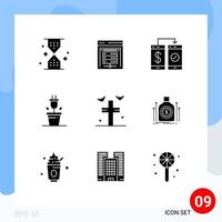 conjunto de pictogramas de 9 glifos sólidos simples de murciélagos planta almacenamiento de datos enchufe pago elementos de diseño vectorial editables vector