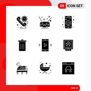 Group of 9 Modern Solid Glyphs Set for amplifier garbage app delete basket Editable Vector Design Elements
