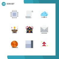 Group of 9 Flat Colors Signs and Symbols for building lamp cloud flame technology Editable Vector Design Elements