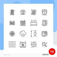 paquete de 16 signos y símbolos de contornos modernos para medios de impresión web, como elementos de diseño de vectores editables de cálculo de seguridad de escudo de motivación de fecha