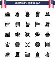 Modern Set of 25 Solid Glyph and symbols on USA Independence Day such as army gun frise american hat Editable USA Day Vector Design Elements