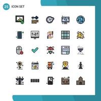 25 User Interface Filled line Flat Color Pack of modern Signs and Symbols of globe screen future search engine Editable Vector Design Elements
