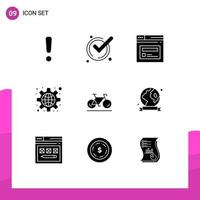 Group of 9 Solid Glyphs Signs and Symbols for movement settings internet public configuration Editable Vector Design Elements