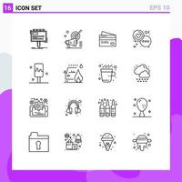 Editable Vector Line Pack of 16 Simple Outlines of shopping finance target credit card Editable Vector Design Elements