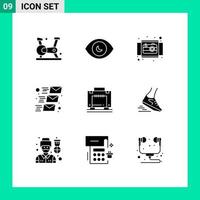 Pack of 9 Modern Solid Glyphs Signs and Symbols for Web Print Media such as hotel mailing camera mail view Editable Vector Design Elements