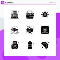 Set of 9 Commercial Solid Glyphs pack for heart leisure target hook fish Editable Vector Design Elements