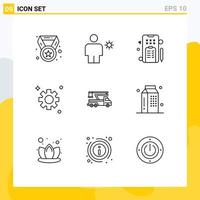 9 User Interface Outline Pack of modern Signs and Symbols of lift crane sun cogs gear Editable Vector Design Elements