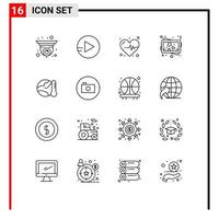 16 User Interface Outline Pack of modern Signs and Symbols of camera hot heartbeat global earth Editable Vector Design Elements