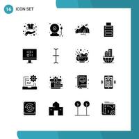 Group of 16 Modern Solid Glyphs Set for computer full back to school battery mountain Editable Vector Design Elements