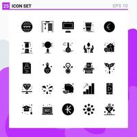 Mobile Interface Solid Glyph Set of 25 Pictograms of coffee finance board euro india Editable Vector Design Elements