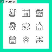 paquete de 9 iconos de estilo de línea establece símbolos de esquema para imprimir signos creativos aislados en fondo blanco 9 conjunto de iconos vector