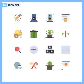 16 colores planos universales establecidos para aplicaciones web y móviles accesorios monedas altavoz presupuesto servidor paquete editable de elementos de diseño de vectores creativos