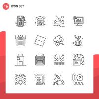 Pack of 16 Universal Outline Icons for Print Media on White Background vector