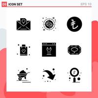 Collection of 9 Vector Icons in solid style Modern Glyph Symbols for Web and Mobile Solid Icon Sign Isolated on White Background 9 Icons