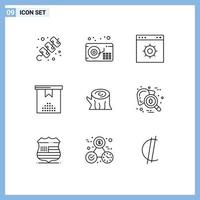 Universal Icon Symbols Group of 9 Modern Outlines of wooden log internet present event Editable Vector Design Elements