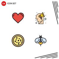 paquete de 4 colores planos creativos de línea de llenado del plan favorito de pizza de corazón comer elementos de diseño vectorial editables vector