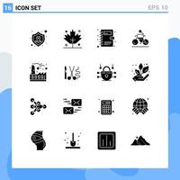 Universal Icon Symbols Group of 16 Modern Solid Glyphs of factory cycling book biking bicycle Editable Vector Design Elements