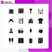 Pack of 16 Modern Solid Glyphs Signs and Symbols for Web Print Media such as party queue building stick heart Editable Vector Design Elements