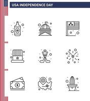 USA Independence Day Line Set of 9 USA Pictograms of hokey usa day hat american Editable USA Day Vector Design Elements