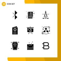 User Interface Pack of 9 Basic Solid Glyphs of presentation travel drawing passport globe Editable Vector Design Elements