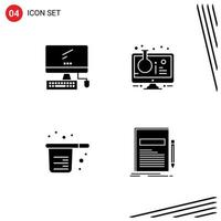 Pack of 4 Modern Solid Glyphs Signs and Symbols for Web Print Media such as computer test tube imac online experiment cook Editable Vector Design Elements