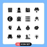 Editable Vector Line Pack of 16 Simple Solid Glyphs of pound sterling minus atx less car Editable Vector Design Elements